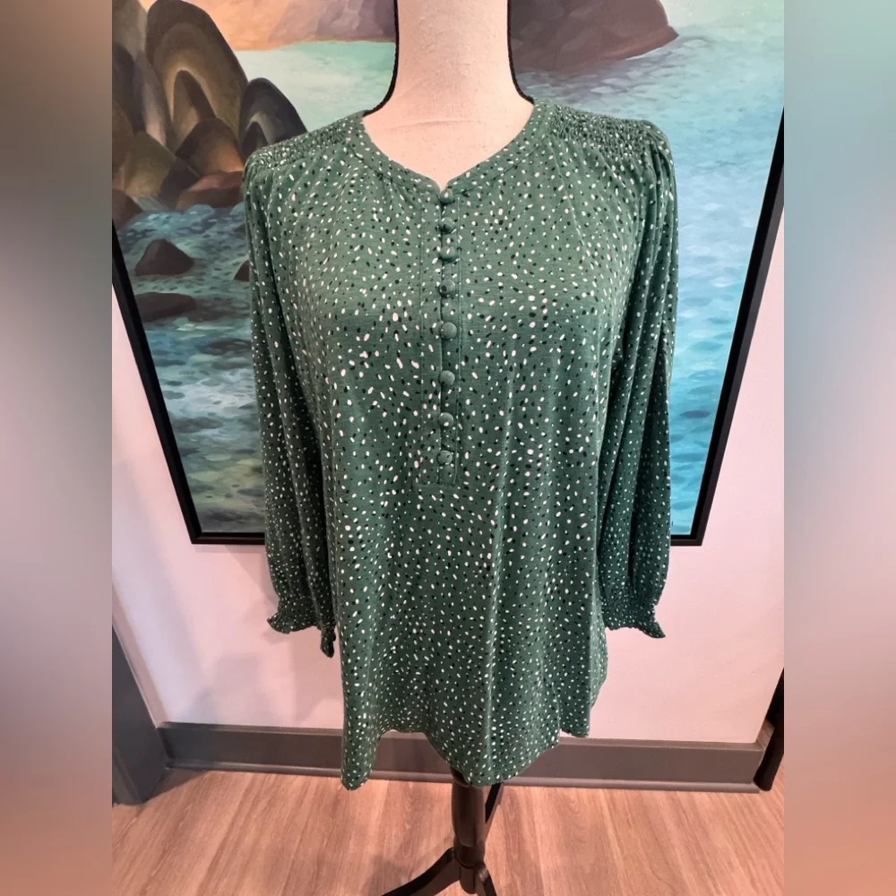 J. Jill Green Long Sleeve Smocked Top with Buttoned Collar - Picture 2 of 8